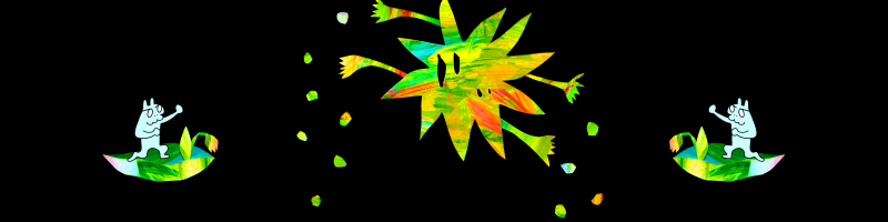 イラスト：両脇で、葉っぱに乗ってファイティングポーズを取るもしゃえっとたち。中心には太陽のような不思議な生き物