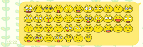 絵文字使用時のスクリーンショット：40個のいろんな表情のクマみたいな生き物の絵文字が並んでいる