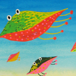 リンク用イラスト：派手な葉っぱの形をした生き物が空を飛んでいる