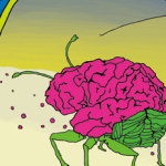 リンク用イラスト：脳の形をしたビビットカラーの虫が歩いている